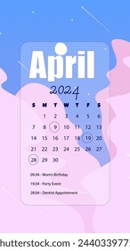 April 2024 Month Calendar On Abstract Phone Wallpaper Instagram Stories Fantasy Cute Kawaii Landscape Moon Stars Falling Purple Pink Vector Design