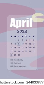 April 2024 Month Calendar On Abstract Phone Wallpaper Instagram Stories Landscape Sky Stars Moon Vector Design