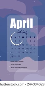 April 2024 Month Calendar On Abstract Phone Wallpaper Instagram Stories Fantasy Landscape Background Moon Stars Falling Purple Pink Vector Design