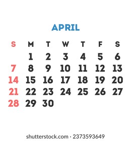 April 2024 month calendar. Vector illustration.