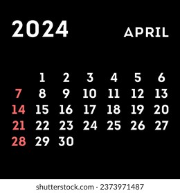 April 2024 month calendar. Vector illustration.