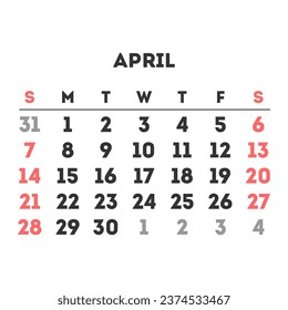 April 2024 month calendar. Vector illustration.