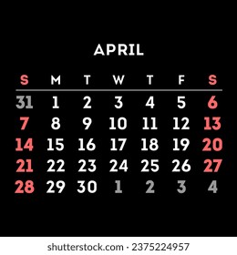 April 2024 month calendar. Vector illustration.