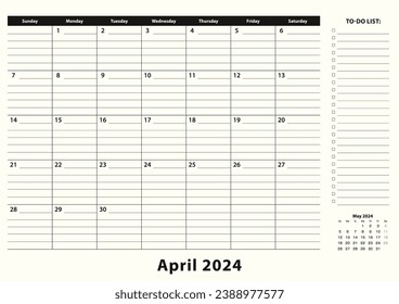 April 2024 Monatlicher Business Desk Pad Kalender. April 2024 Kalenderplaner mit Aufgabenliste und Platz für Noten in schwarz-weißem Design.