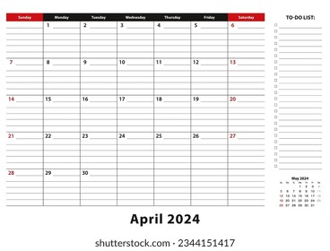 April 2024 Monthly Desk Pad Calendar week starts from sunday, size A3. April 2024 calendar planner with to-do list and place for notes.