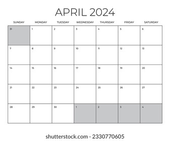 April 2024 Bürokalender, leere Kalendervorlage, Monatspaket des Home Office, Briefgrößenkalender