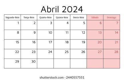 Abril 2024 calendario portugués (abril). Ilustración vectorial. Planificación mensual para su negocio en Portugal
