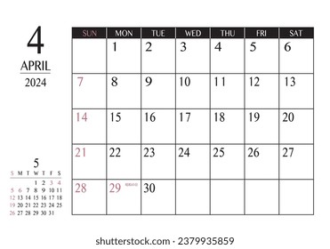 April 2024 Simple writing calendar

It says "Showa Day" in Japanese.