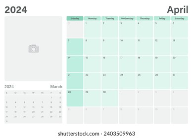 April 2024 table calendar or desk planner with space for your picture, vector design, weeks start on Sunday