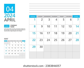 Plantilla de abril de 2024, Calendario planificador 2024, semana de inicio el lunes, Calendario de escritorio 2024 año, planificación simple y diseño limpio, diseño de calendario de pared, plantilla de planificador corporativo, plantilla de negocio