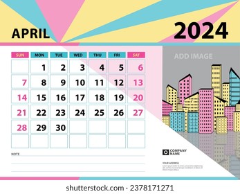 Vorlage April 2024 - Kalenderjahr 2024, Schreibtischkalender 2024 Jahr, Planer, Woche beginnt am Sonntag, Tapete-Kalender-Design, Schreibtischdesign, Vintage-Hintergrund Vektoreps10