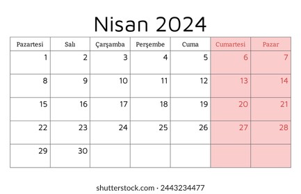 Abril 2024 calendario TURCO - Nisan. Ilustración vectorial. Planificación mensual para su negocio en Turquía
