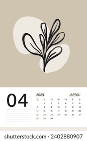 Calendario de pared de abril de 2024 en color beige suave con arte botánico, las semanas empiezan el lunes, diseño de ilustración vectorial