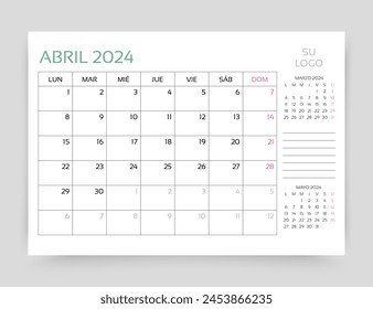 April 2024 year calendar in Spanish. Planner calender template. Week starts Monday. Spain monthly organizer. Timetable layout. Corporate table schedule grid. Vector simple illustration. Paper size A5