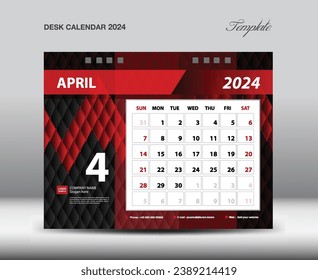 April 2024 year- Desk Calendar 2024 template vector, Week starts Sunday, Planner design, Stationery design, flyer design, wall calendar 2024 year design, printing media creative idea 