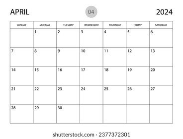 April 2024 year planner template, calendar 2024 template, monthly and yearly planners. organizer diary. week start Sunday, corporate planner template, Desk calendar 2024 year, Vector illustration
