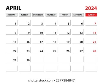Plantilla de planificación de abril de 2024, plantilla de calendario 2024, planificadores mensuales y anuales. diario de organizadores. lunes de inicio de semana, plantilla de planificador corporativo, calendario de escritorio 2024, Diseño horizontal, vector