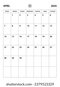 Plantilla de planificación de abril de 2024, diseño del calendario 2024, planificadores mensuales y anuales. diario de organizadores. domingo de inicio de semana, plantilla de planificador corporativo, calendario de escritorio 2024, diseño vertical, vector