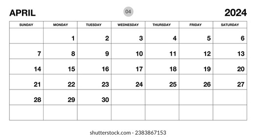 Plantilla de planificación de abril de 2024, plantilla de calendario 2024, planificadores mensuales y anuales. diario de organizadores. domingo de inicio de semana, plantilla de planificador corporativo, calendario de escritorio 2024, Diseño horizontal, vector