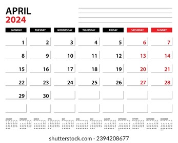 April 2024 year planner template, calendar 2024 template, monthly and yearly planners. organizer diary. week start monday, corporate planner template, Desk calendar 2024, Vector illustration