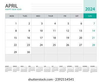 April 2024-Calendar 2024 template vector on green background, week start on monday, Desk calendar 2024 year, Wall calendar design, corporate planner template, Stationery, organizer diary, vector