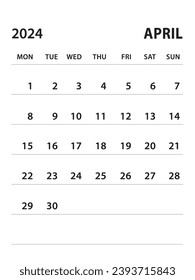 Abril de 2024-Calendario 2024 vector de plantilla sobre fondo blanco, inicio de semana el lunes, calendario de escritorio 2024 año, diseño de calendario de pared, plantilla de planificador corporativo, estilo limpio, papel, organizador 