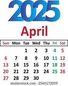 April 2025 Calendar. Fits Letter Size Page. Week starts on Sunday. Blank Calendar Template. Stationery Design. Flat style. Vector icon. April 2025 Calendar Leaf - Illustration. Vector graphic page.