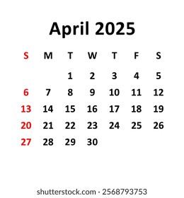 april 2025. Calendar with holydays or red dates. monthly calendar design with week starts on sunday. printable, simple, and clean vector design isolated on white background.