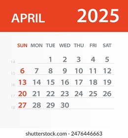 April 2025 Calendar Leaf - Illustration. Vector graphic page