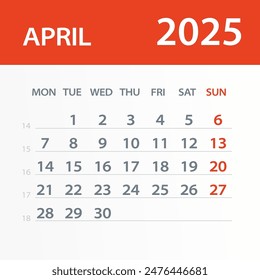 April 2025 Calendar Leaf - Illustration. Vector graphic page