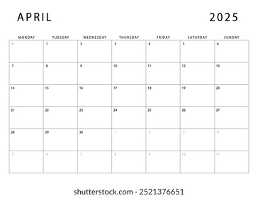 April 2025 calendar. Monthly planner template. Monday start. Vector design