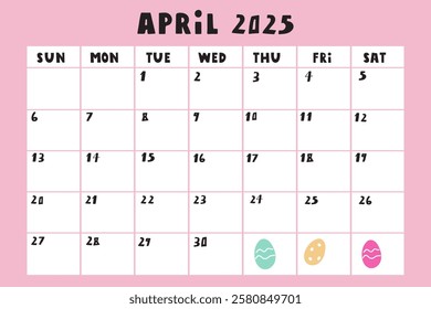 April 2025. Calendar. Monthly planner. Illustration on pink background.