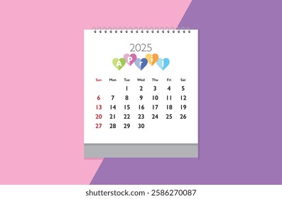 April 2025 Calendar on light pink and purple background. Date month of April 2025. Page of annual monthly calendar April 2025.