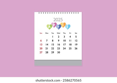 April 2025 Calendar on light pink background. Date month of April 2025. Page of annual monthly calendar April 2025.