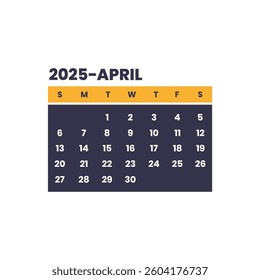 April 2025 calendar page on white background. Calendar background for reminder, business planning, appointment meeting and event.