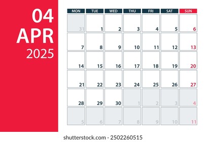 April 2025 Calendar Planner - Vector. Template Mock up