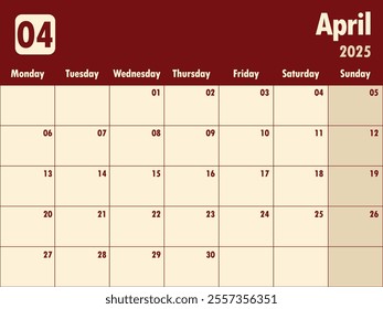 April 2025 calendar.  A simple monthly planner vector design