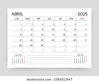 April 2025 calendar in Spanish. Planner calender template. Week starts Monday. Spain monthly organizer. Corporate table schedule grid. Timetable layout. Vector simple illustration. Paper size A5