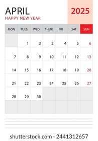 April 2025, Calendar 2025 template vector on red background, week start on monday, Desk calendar 2025 year, Wall calendar design, corporate planner template, Stationery, organizer diary, vector
