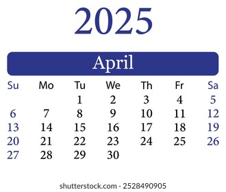 Ilustración vectorial del calendario de abril de 2025. Calendario abril 2025. Planificador de diseño de Vector. Calendario colorido abril 2025. Planificador diario