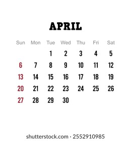 April 2025 calendar vector, simple design