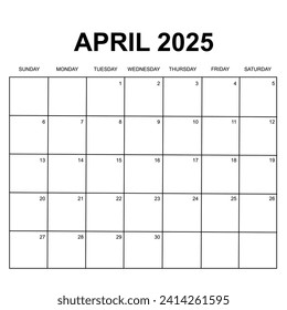 April 2025 calendar. Week starts on Sunday. Printable simple and clean calendar design. Stationery vector design.