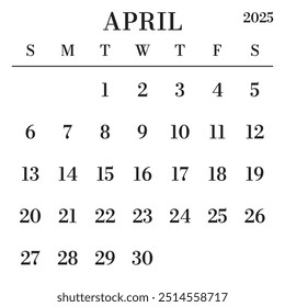 April 2025 Calendar. Week starts on Sunday. Large Number and Letter Calendar Template. Fits Square Size Page. Stationery Design.