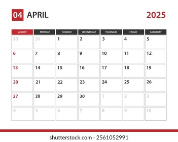 April 2025 Calendar , Week starts on Sunday 