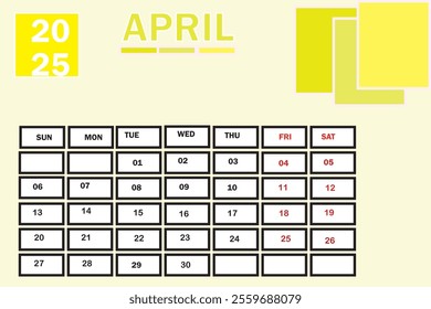 April 2025 Flat Calendar Design - Week Starts Monday
