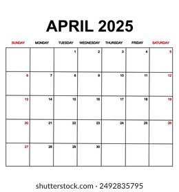 april 2025 with holydays or red dates. monthly calendar design with week starts on sunday. printable, simple, and clean vector design isolated on white background.