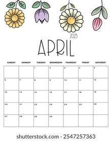 April 2025 Kids Calendar with Cute Floral Design