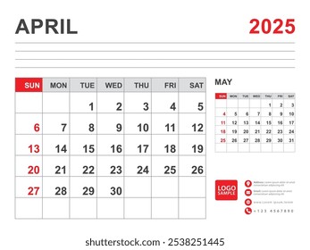 April 2025 layout, Calendar 2025 template, Printable minimalist monthly planner, Desk Calendar 2025 template, Wall calendar design, Week Start On Sunday, Stationery, printing, red color, vector
