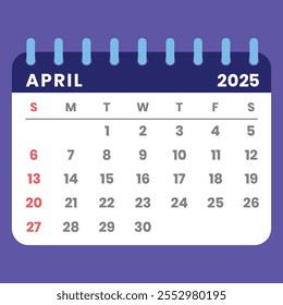 Abril 2025 calendário estilo carta com uma semana começando no domingo. Ideal para gerenciamento de tempo, planejamento e programação. Conceito de design plano com um layout mensal destacável. Ilustração vetorial.