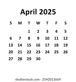 April 2025. monthly calendar design. week starts on Sunday. printable, editable, and clean vector design isolated on white background.